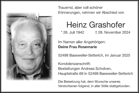 Traueranzeige von Heinz Grashofer von Zeitung am Sonntag