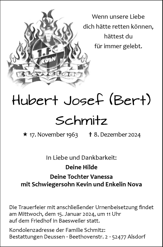 Traueranzeige von Hubert Josef Schmitz von Zeitung am Sonntag