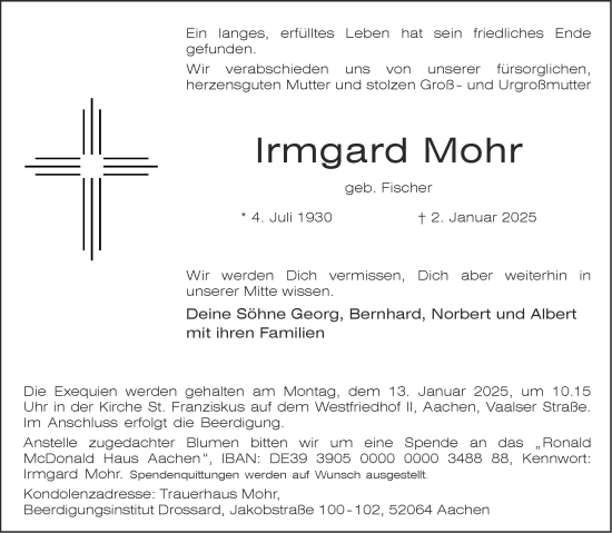 Traueranzeige von Irmgard Mohr von Aachener Zeitung