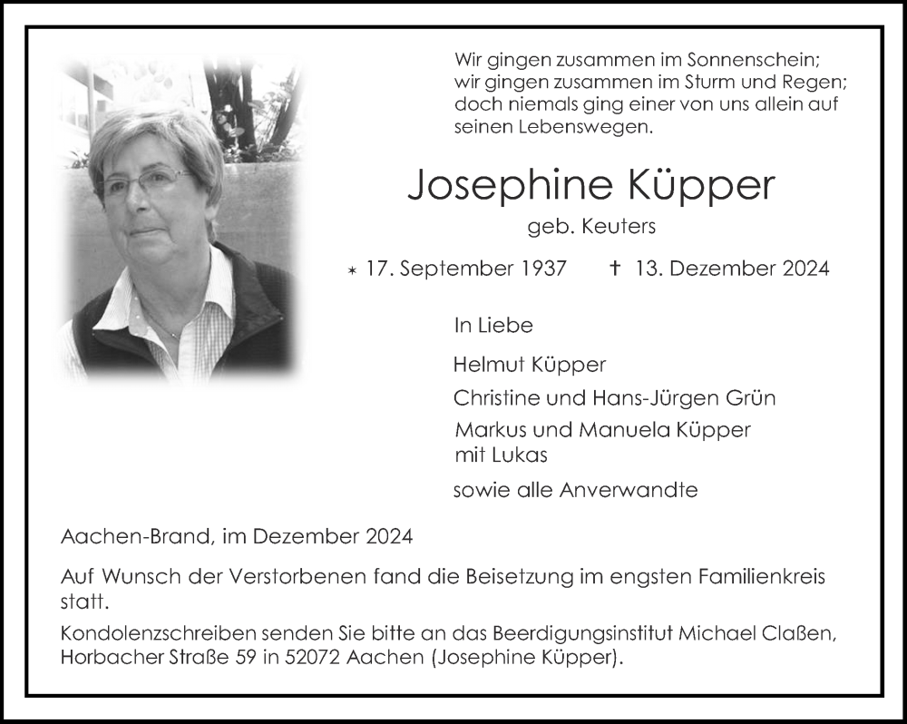  Traueranzeige für Josephine Küpper vom 11.01.2025 aus Aachener Zeitung