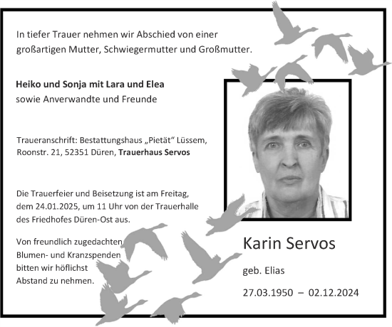 Traueranzeige von Karin Servos von Zeitung am Sonntag