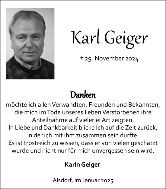 Traueranzeige von Karl Geiger von Zeitung am Sonntag