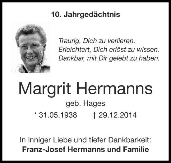 Traueranzeige von Margrit Hermanns von Zeitung am Sonntag