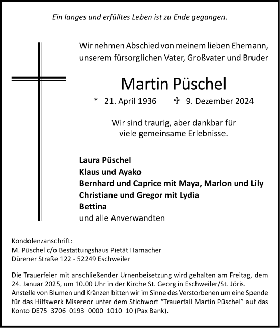 Traueranzeige von Martin Püschel von Zeitung am Sonntag