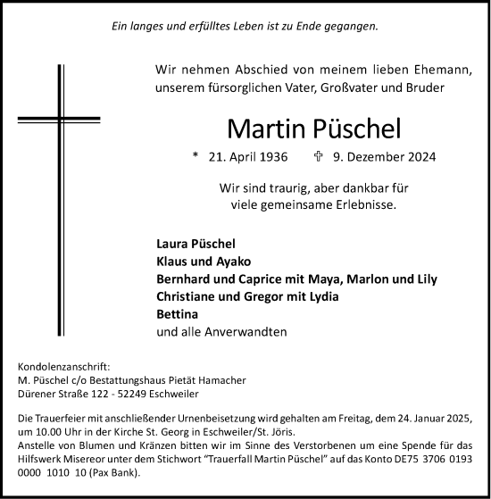 Traueranzeige von Martin Püschel von Aachener Zeitung