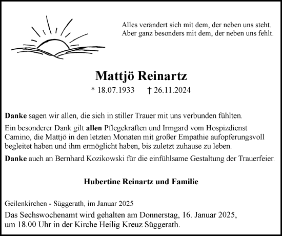 Traueranzeige von Mattjö Reinartz von Zeitung am Sonntag