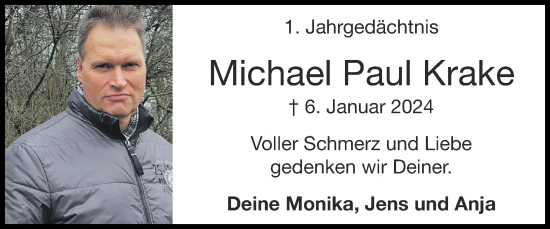 Traueranzeige von Michael Paul Krake von Zeitung am Sonntag