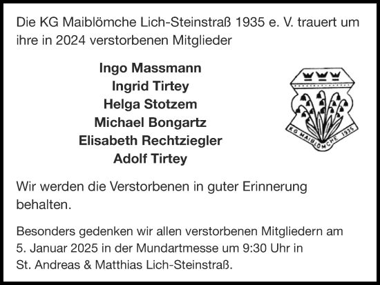 Traueranzeige von Nachruf KG Maiblömche Lich-Steinstraß 1935 e. V. von Zeitung am Sonntag