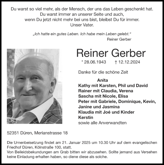 Traueranzeige von Reiner Gerber von Zeitung am Sonntag