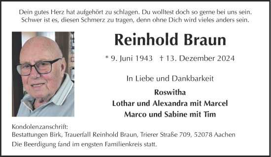 Traueranzeige von Reinhold Braun von Aachener Zeitung