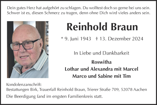 Traueranzeige von Reinhold Braun von Zeitung am Sonntag