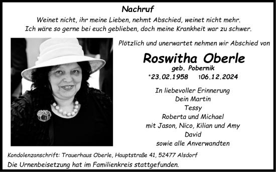 Traueranzeige von Roswitha Oberle von Zeitung am Sonntag