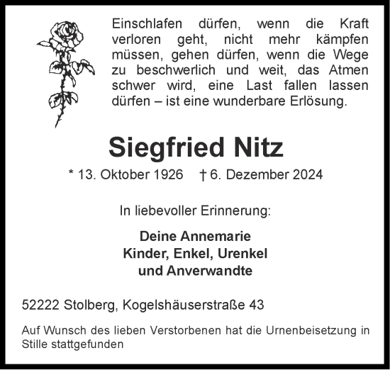 Traueranzeige von Siegfried Nitz von Zeitung am Sonntag