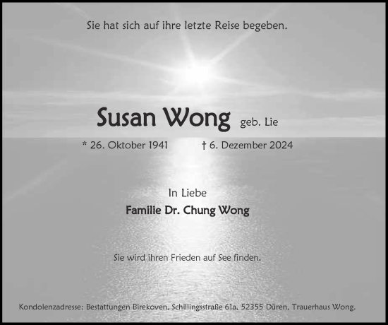 Traueranzeige von Susan Wong von Zeitung am Sonntag