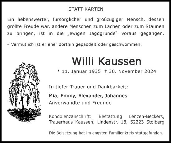 Traueranzeige von Willi Kaussen von Zeitung am Sonntag